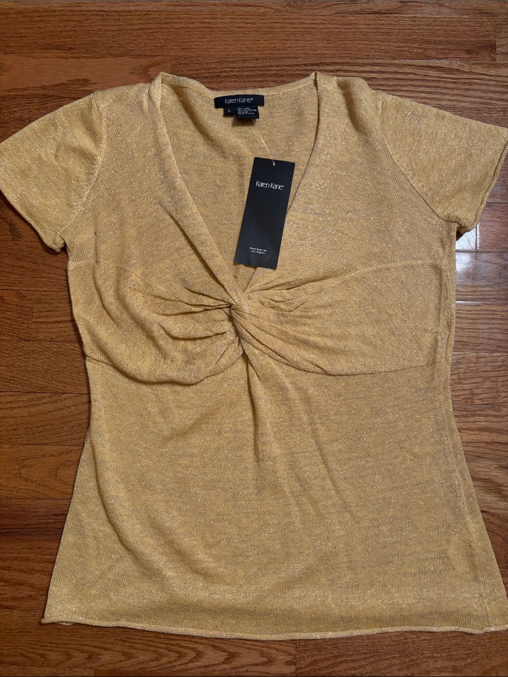 Karen Kane Metallic Gold Twist-Front V-Neck Short Sleeve Tee